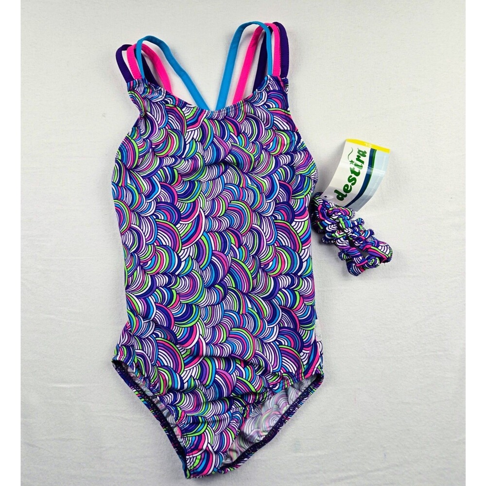 NWT Destira Child Large Gymnastics Leo Strappy Back Colorful Print Scrunchie